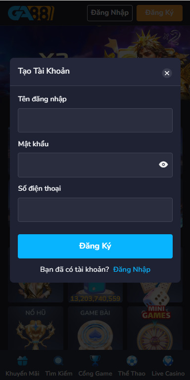 Tạo tài khoản Ga88