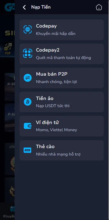 Lựa chọn phương thức nạp tiền Ga88