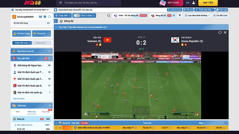 Giao diện bóng đá tại HD88 hiển thị rõ ràng, dễ thao tác live bet